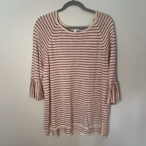 J Jill XL Red Striped Tunic Top Linen Blend Flounce Oatmeal Red Womens